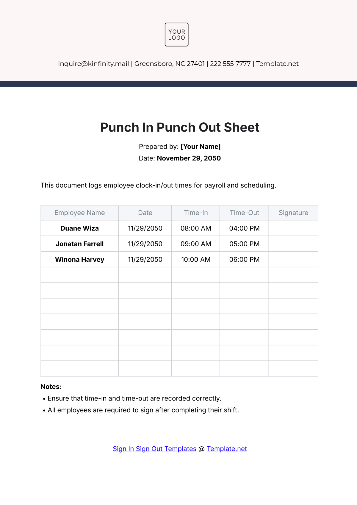 Punch In Punch Out Sheet Template - Edit Online & Download