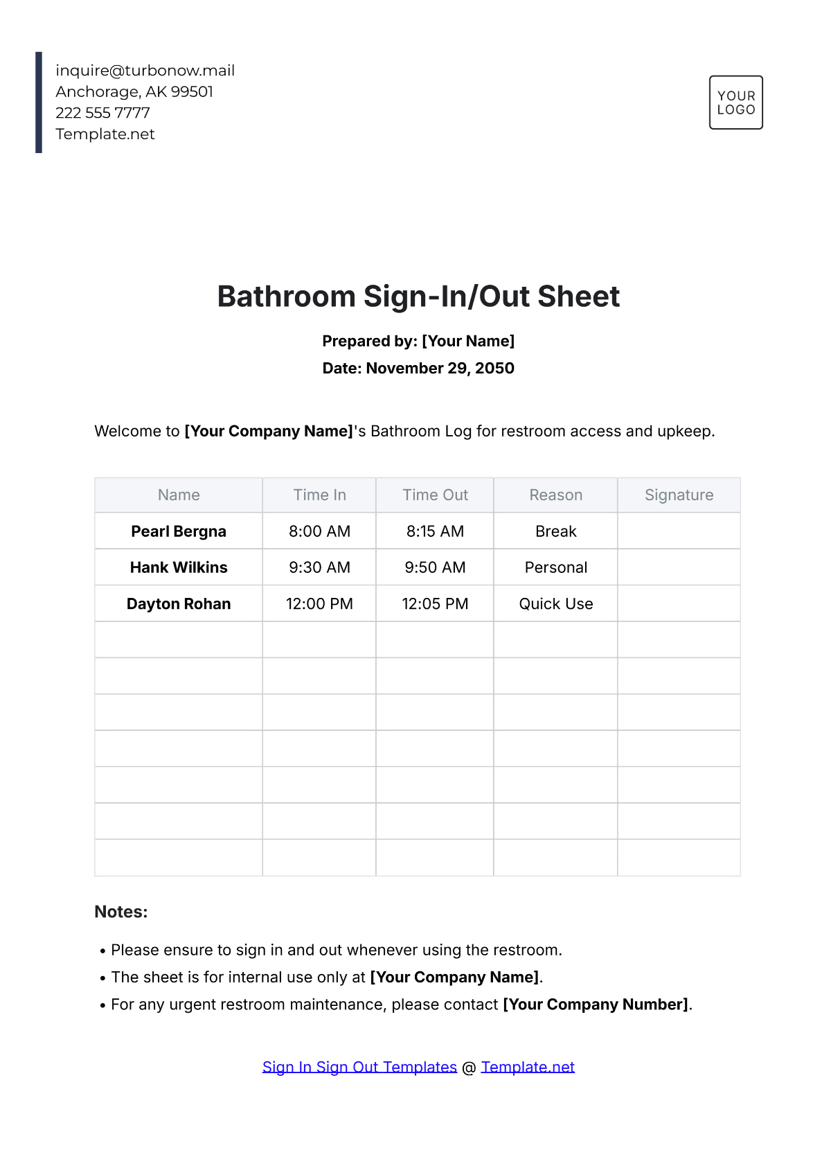 Bathroom Sign In/Out Sheet Template - Edit Online & Download