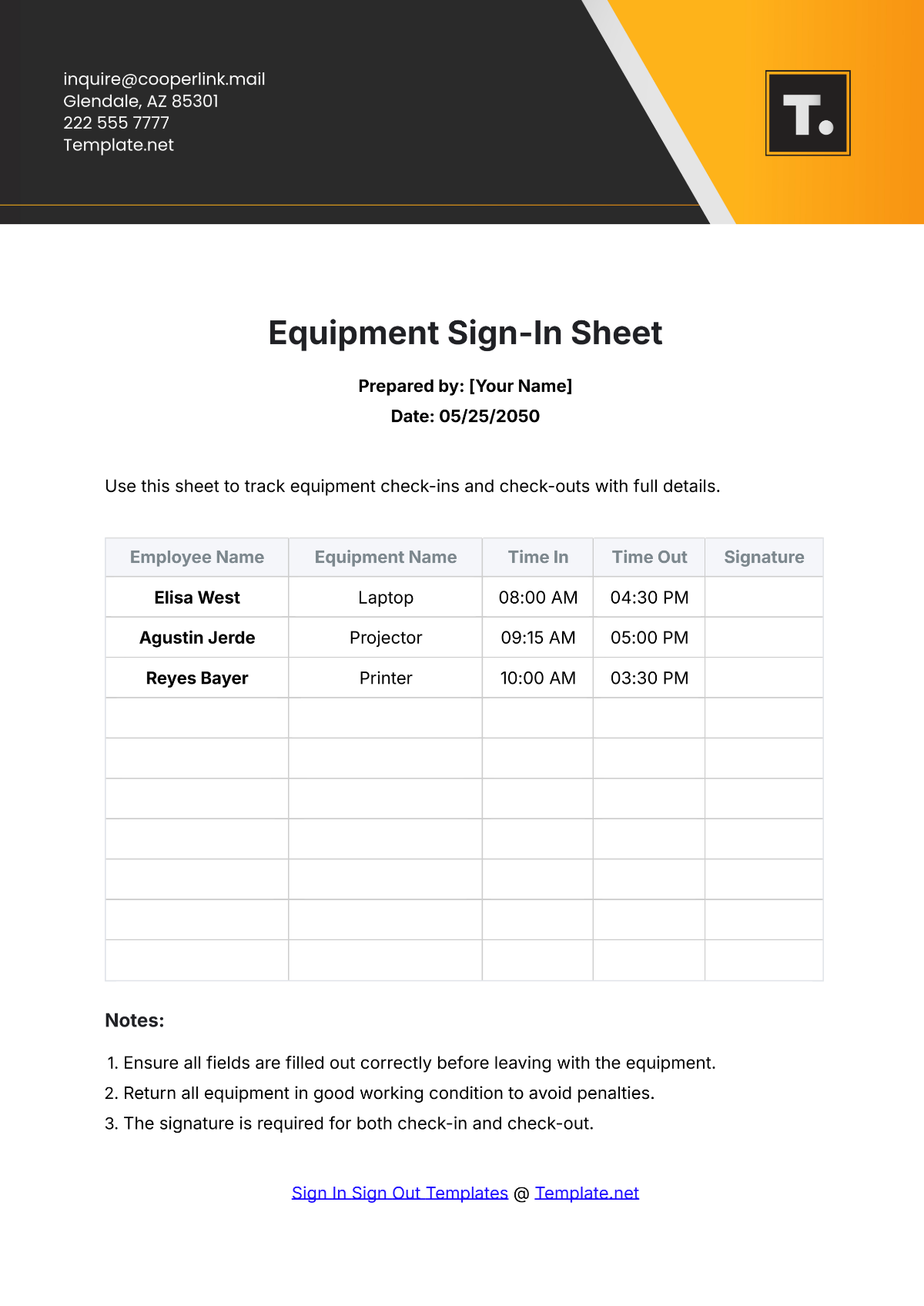 Equipment Sign In Sheet Template - Edit Online & Download