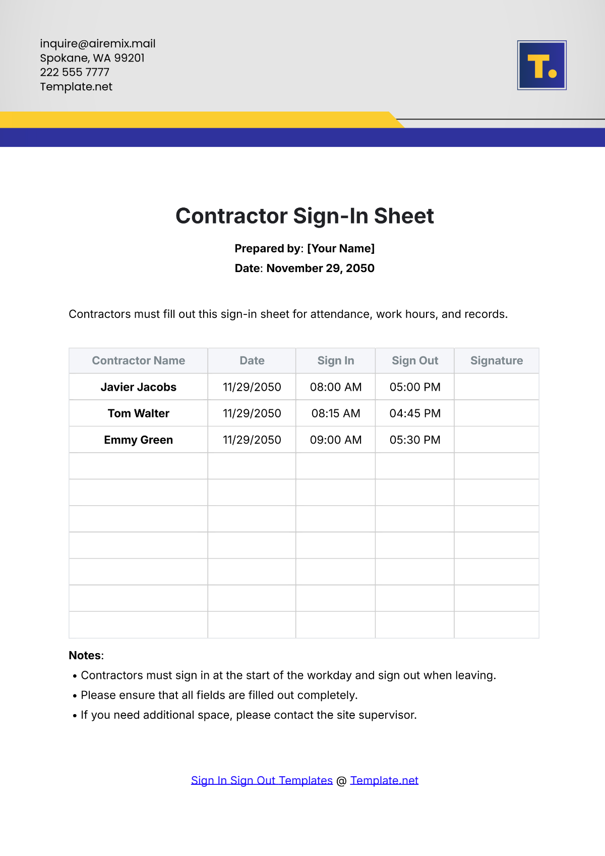 Contractor Sign In Sheet Template - Edit Online & Download