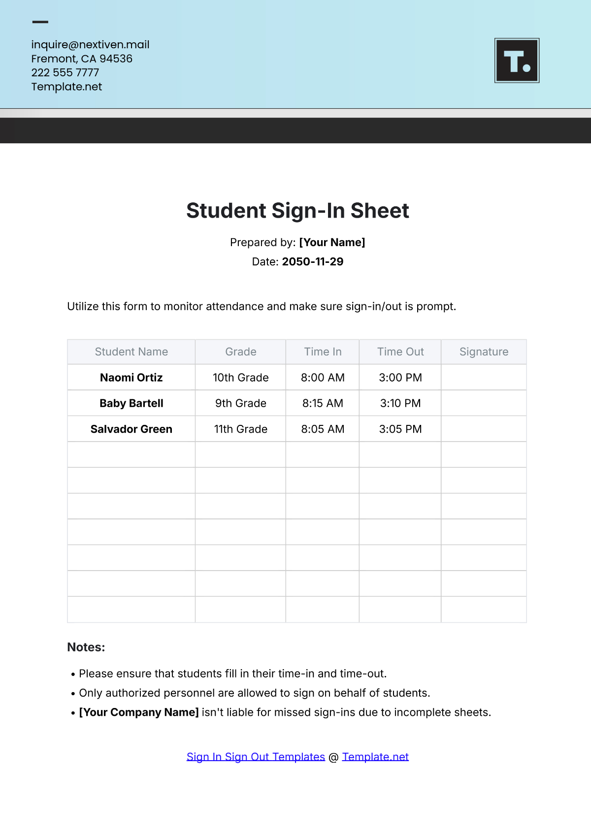 Student Sign In Sheet Template - Edit Online & Download