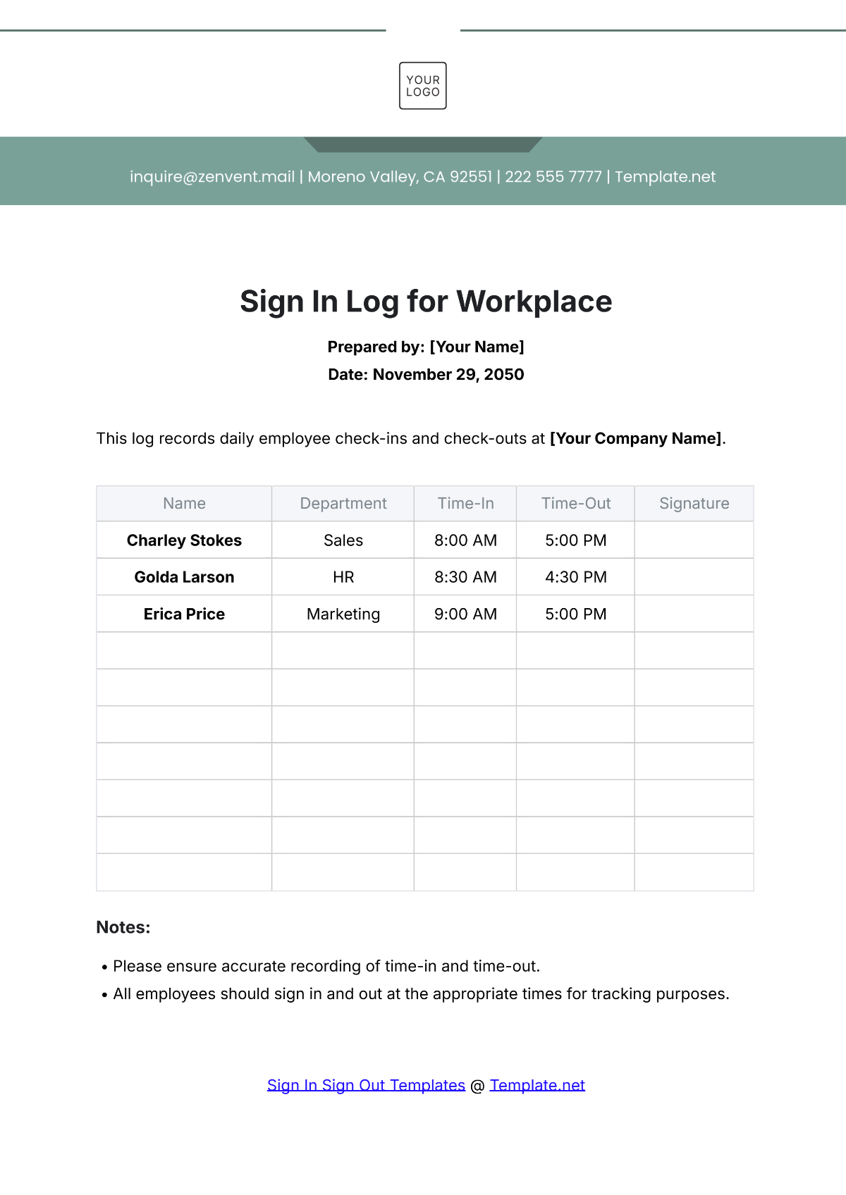 Sign In Log for Workplace Template - Edit Online & Download