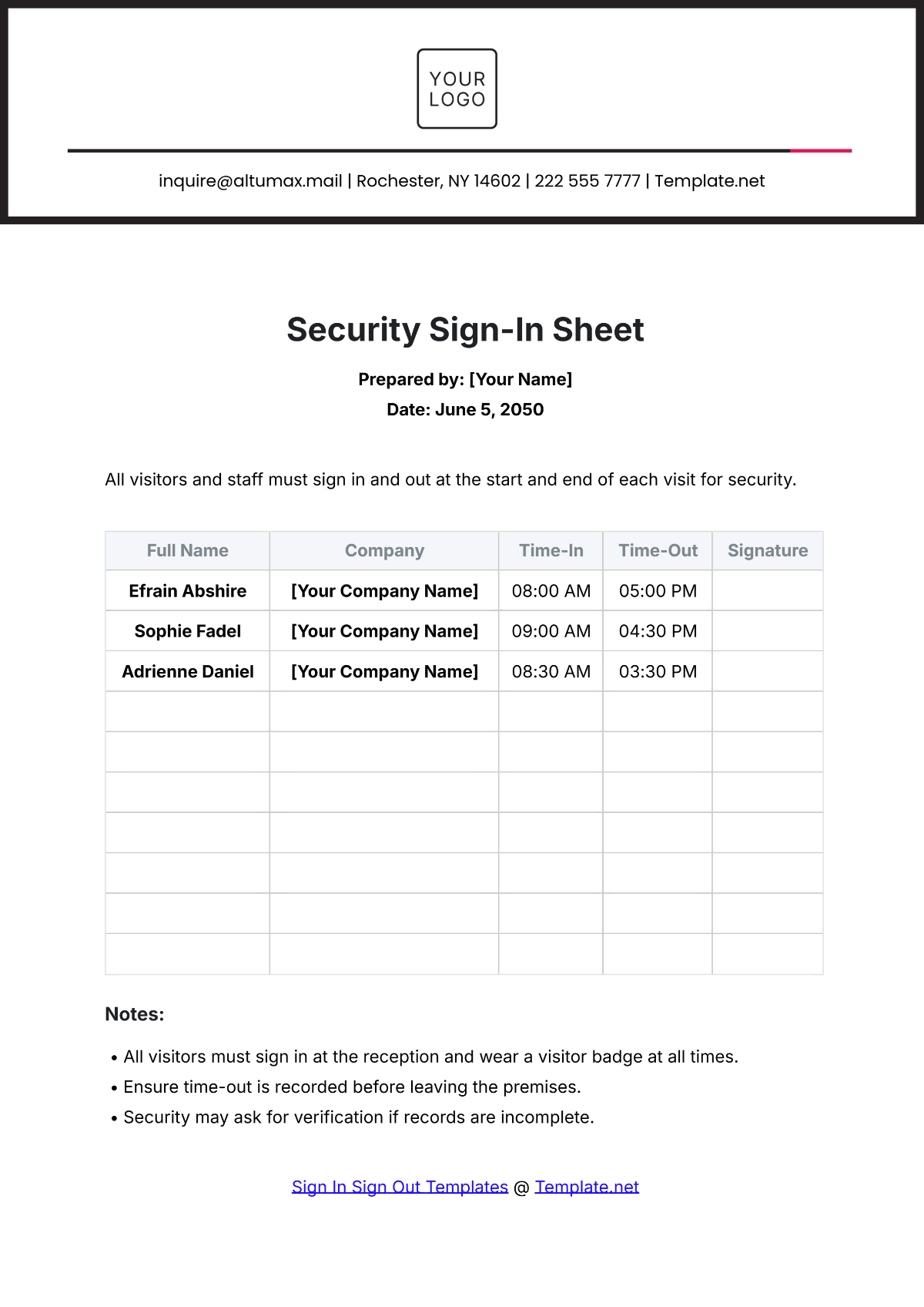 Security Sign In Sheet Template - Edit Online & Download