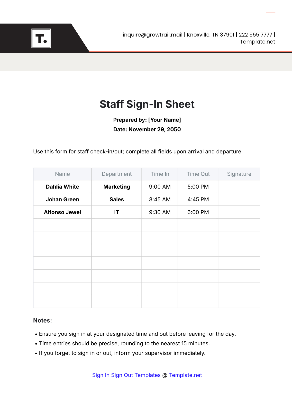 Staff Sign In Sheet Template - Edit Online & Download