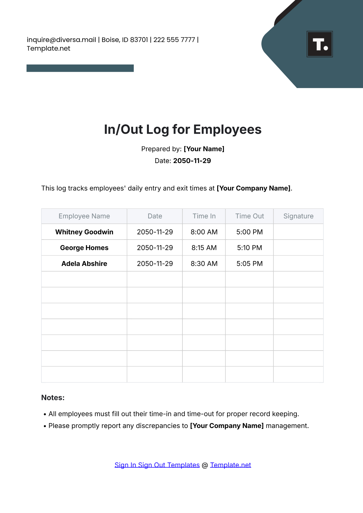 In/Out Log for Employees Template - Edit Online & Download