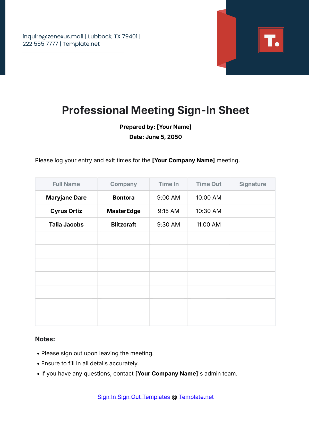 Professional Meeting Sign In Sheet Template - Edit Online & Download