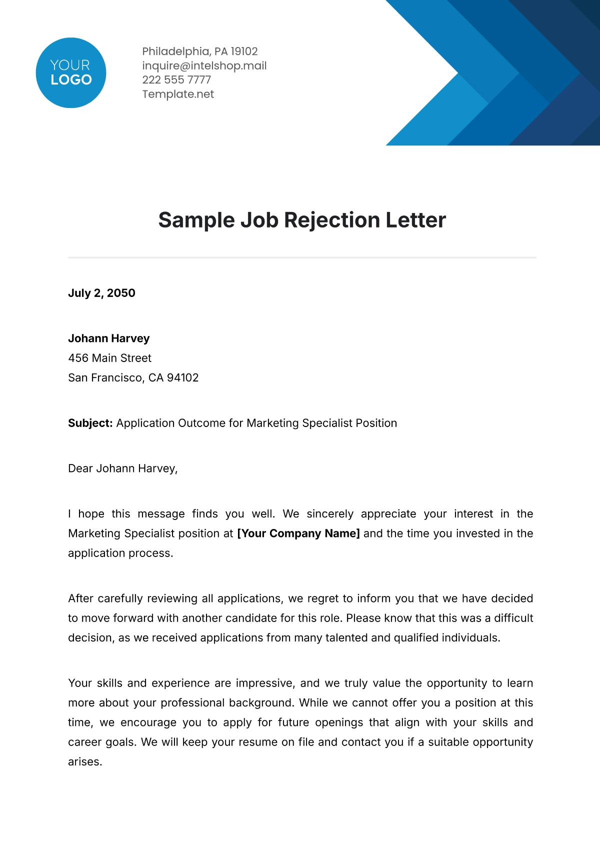 Free Sample Job Rejection Letter Template - Edit Online & Download ...