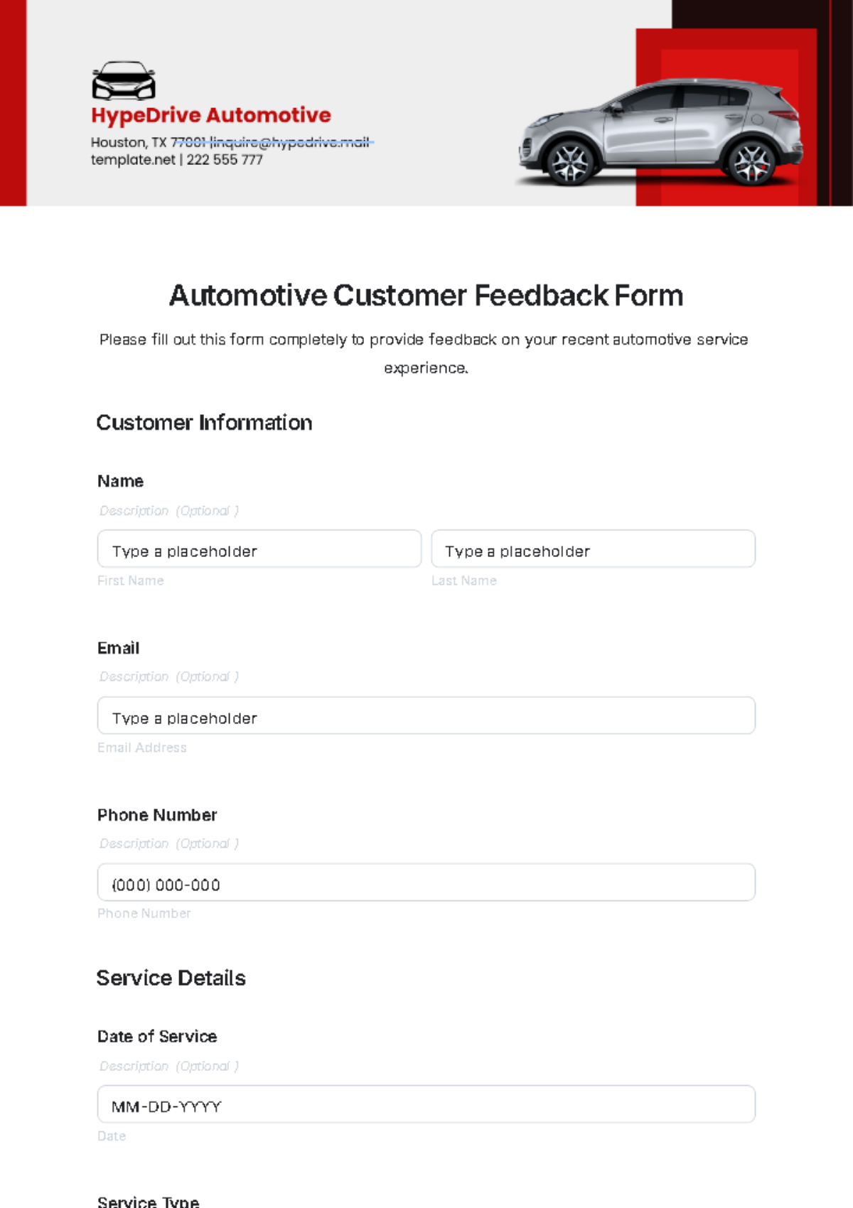 Automotive Customer Feedback Form Template - Edit Online & Download