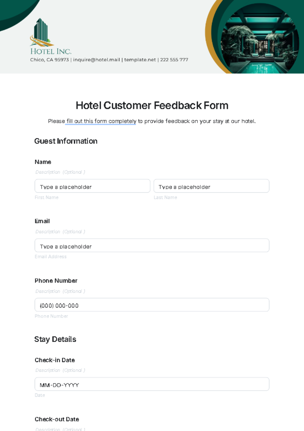 Hotel Customer Feedback Form Template - Edit Online & Download