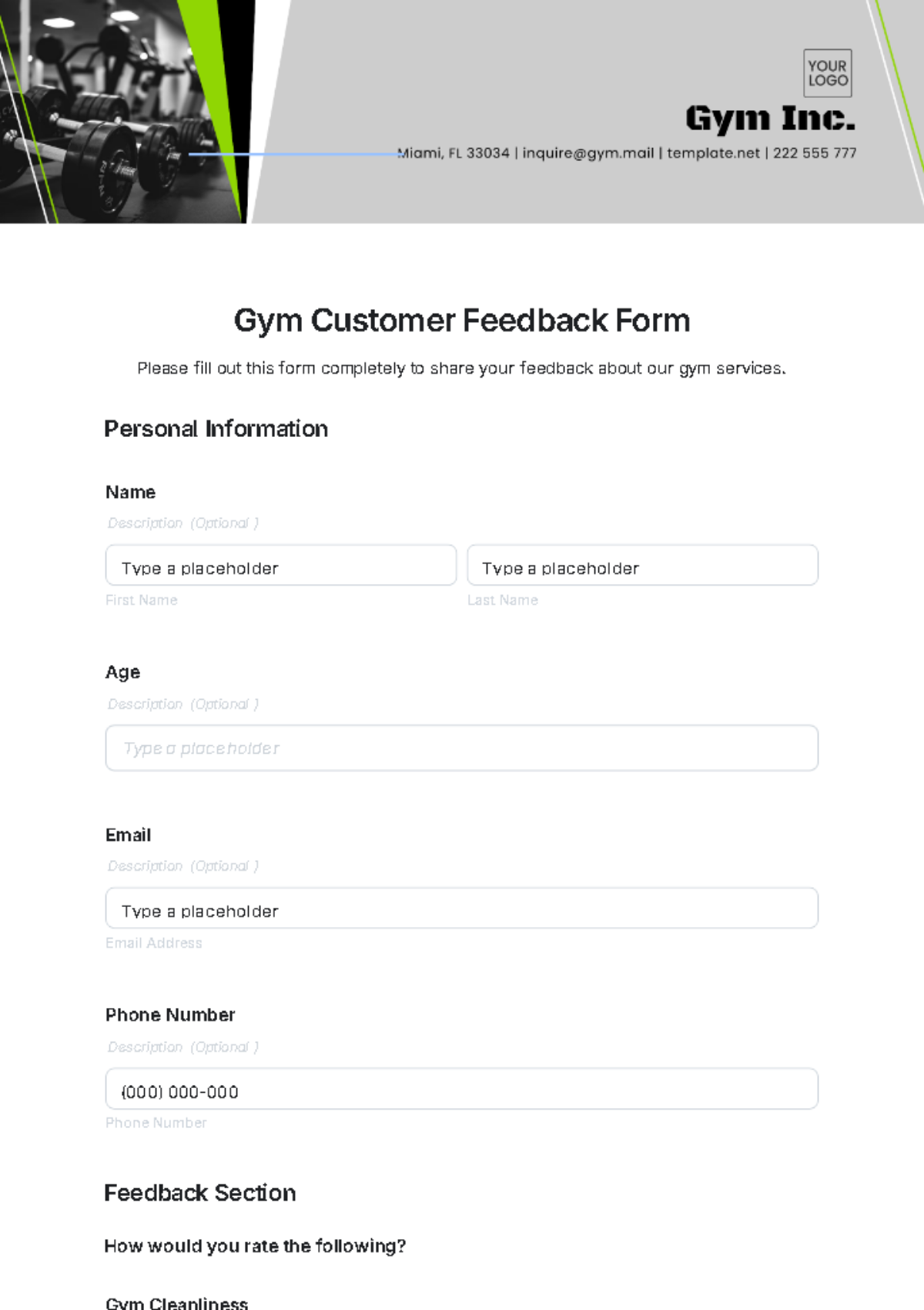 Gym Customer Feedback Form Template - Edit Online & Download