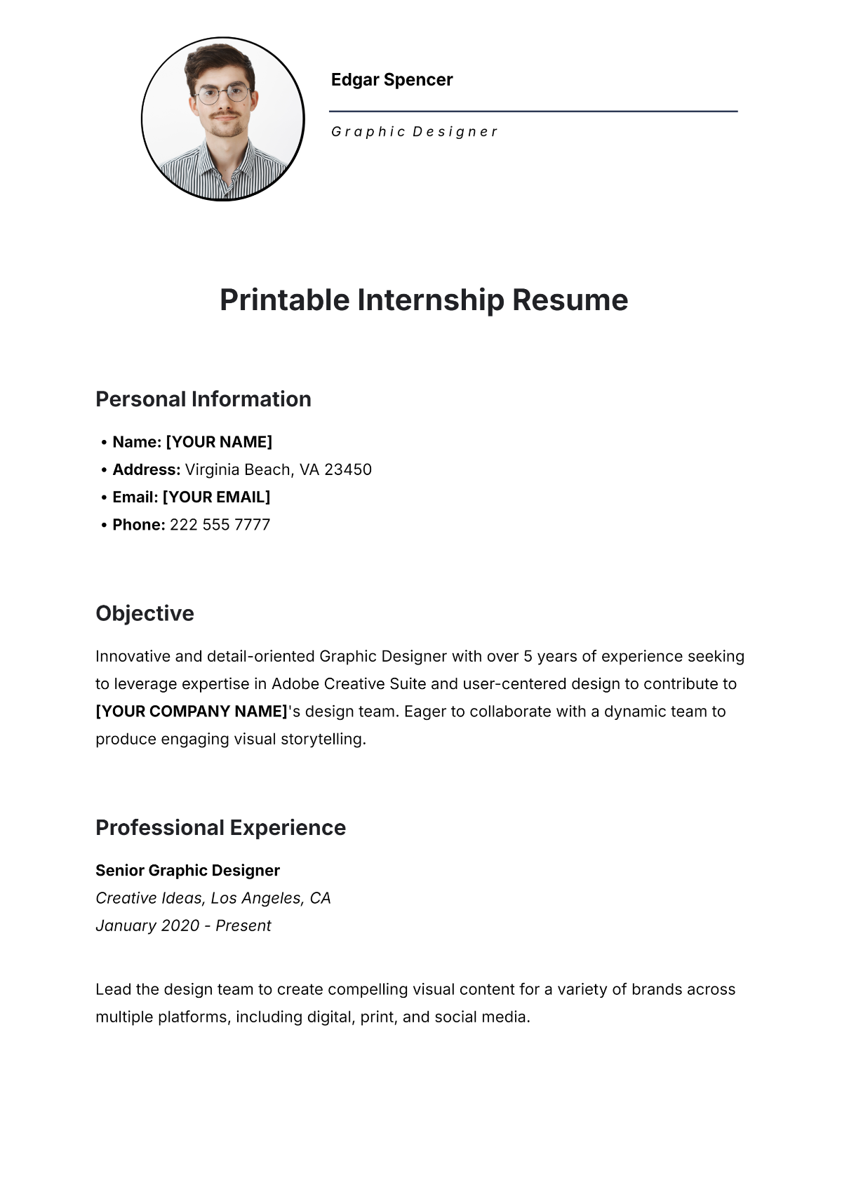 Printable Internship Resume Template - Edit Online & Download