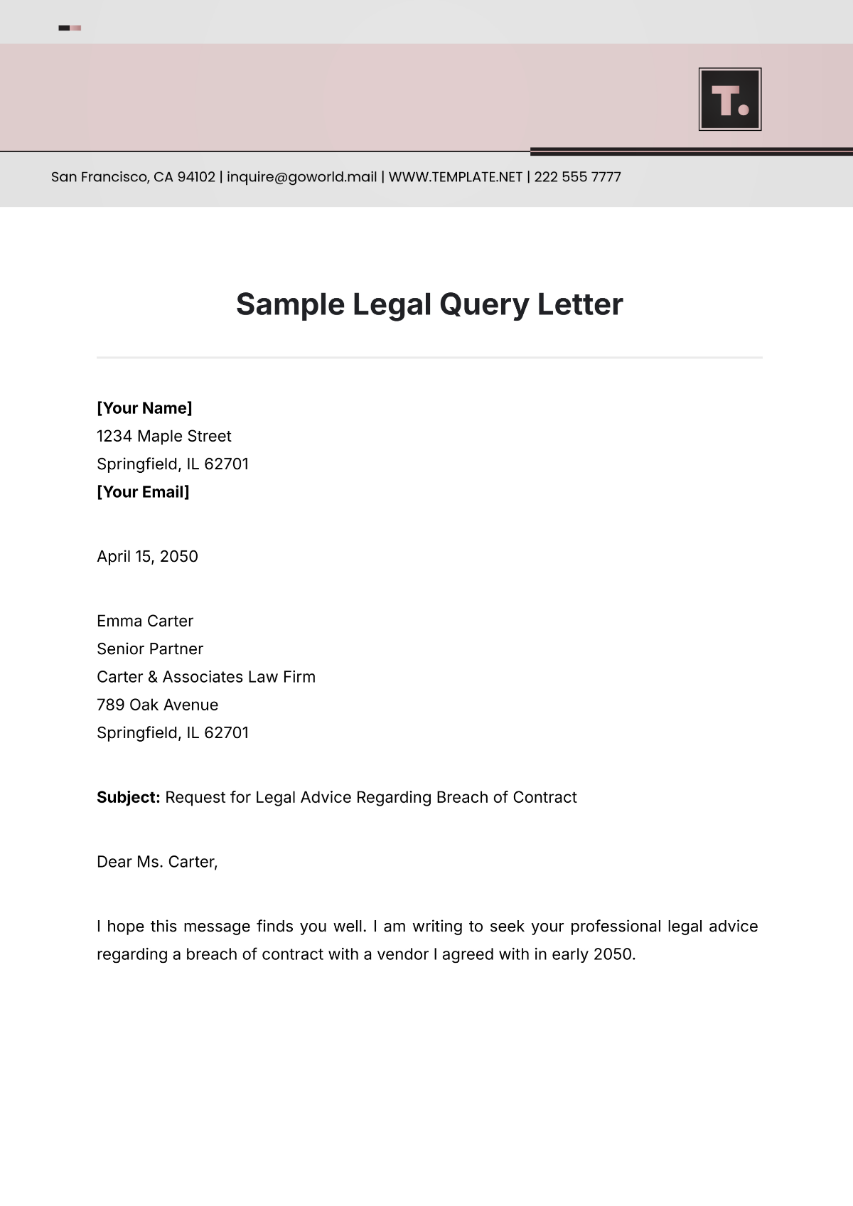 Sample Legal Query Letter Template