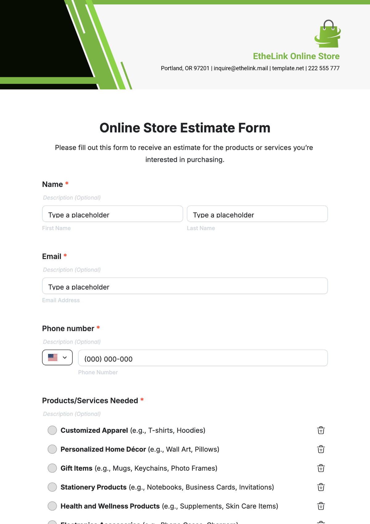 Online Store Estimate Form Template - Edit Online & Download