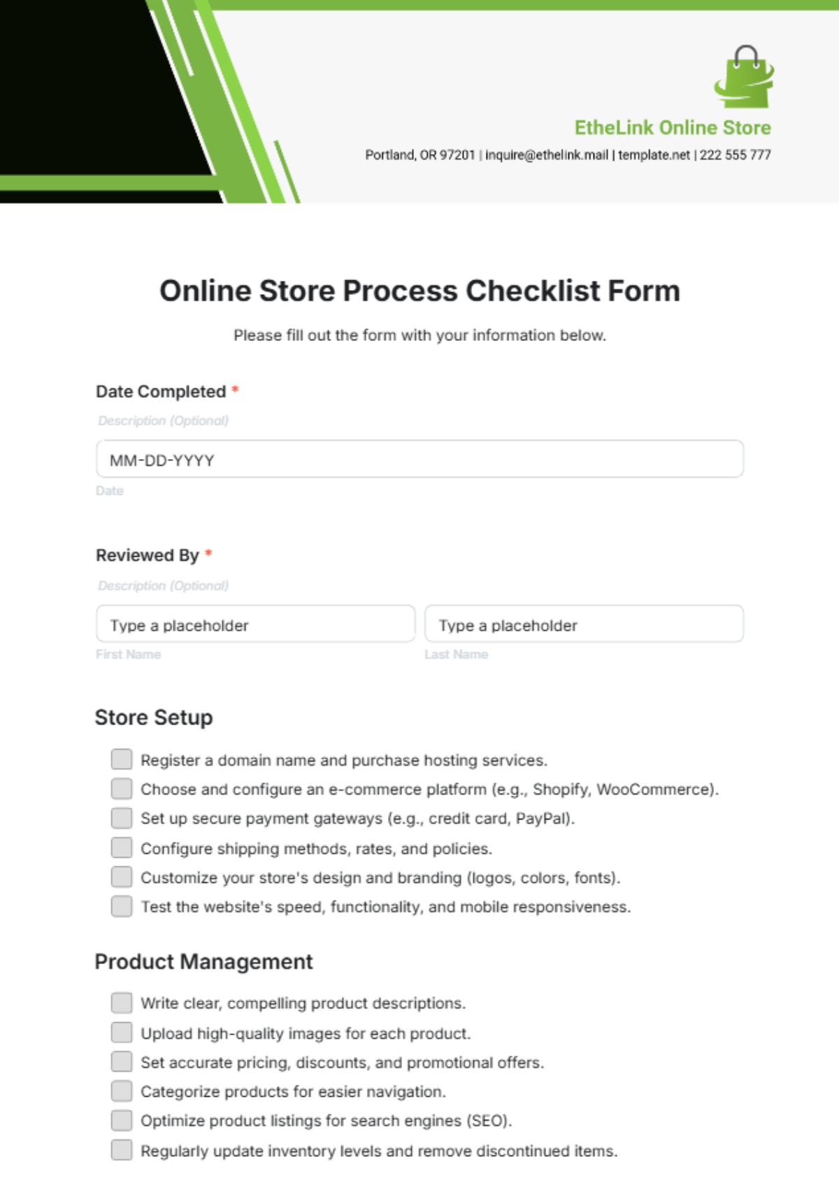 Online Store Process Checklist Form Template - Edit Online & Download