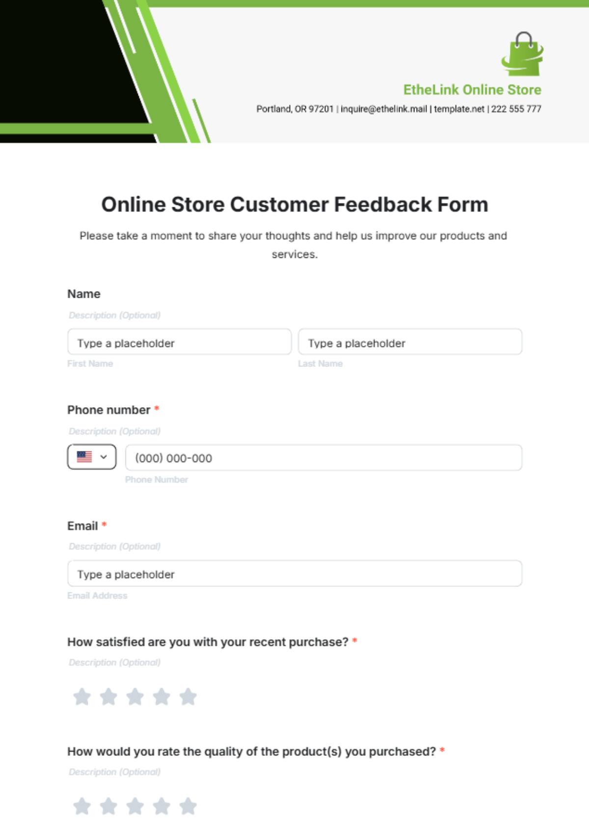 Online Store Customer Feedback Form Template - Edit Online & Download