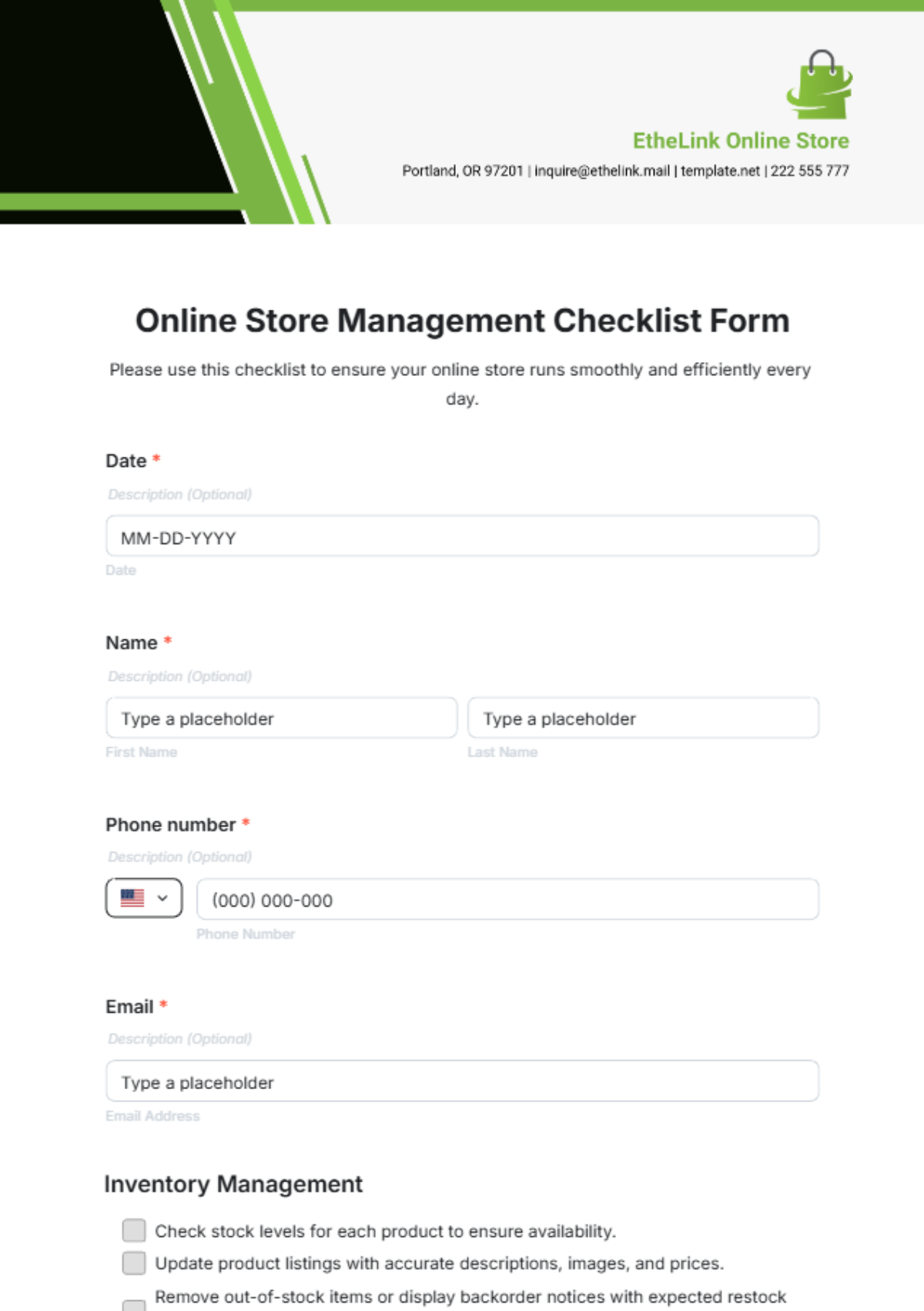 Online Store Management Checklist Form Template - Edit Online & Download