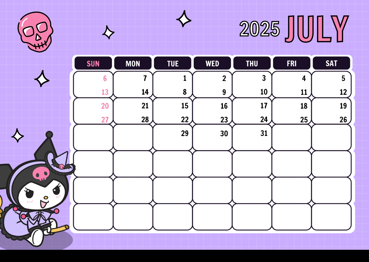 Free Kuromi 2025 Calendar Template to Edit Online