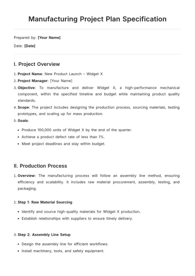 Free Manufacturing Project Plan Specification Template to Edit Online