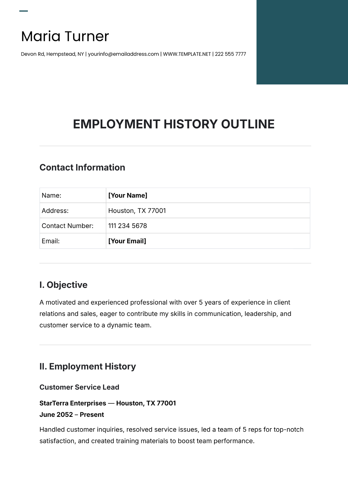 Employment History Outline Template - Edit Online & Download