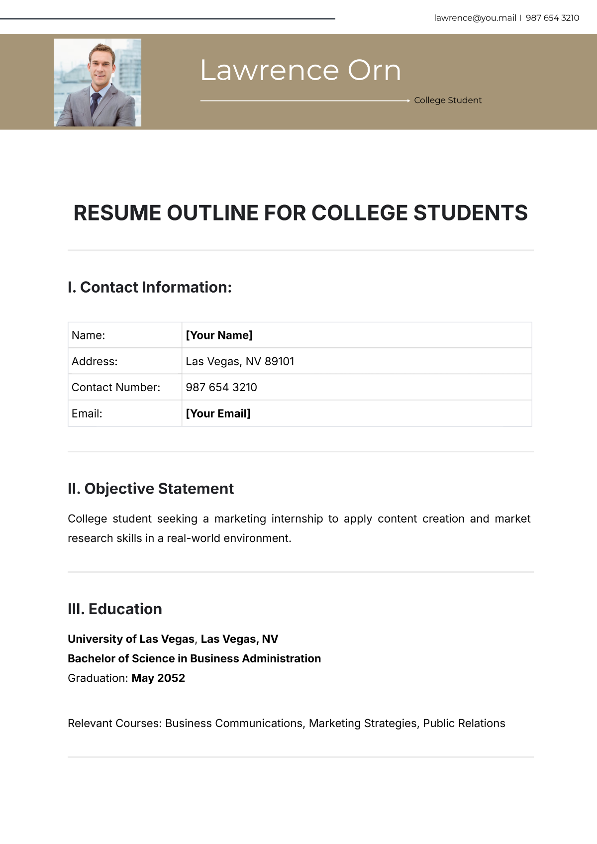 Resume Outline for College Students Template - Edit Online & Download