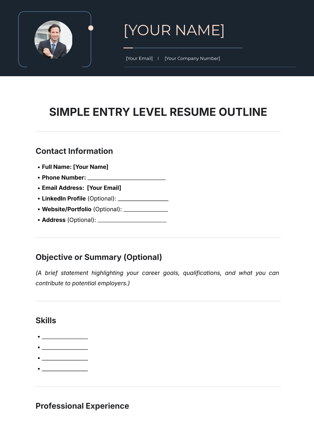 Simple Entry-Level Resume Outline Template - Edit Online & Download