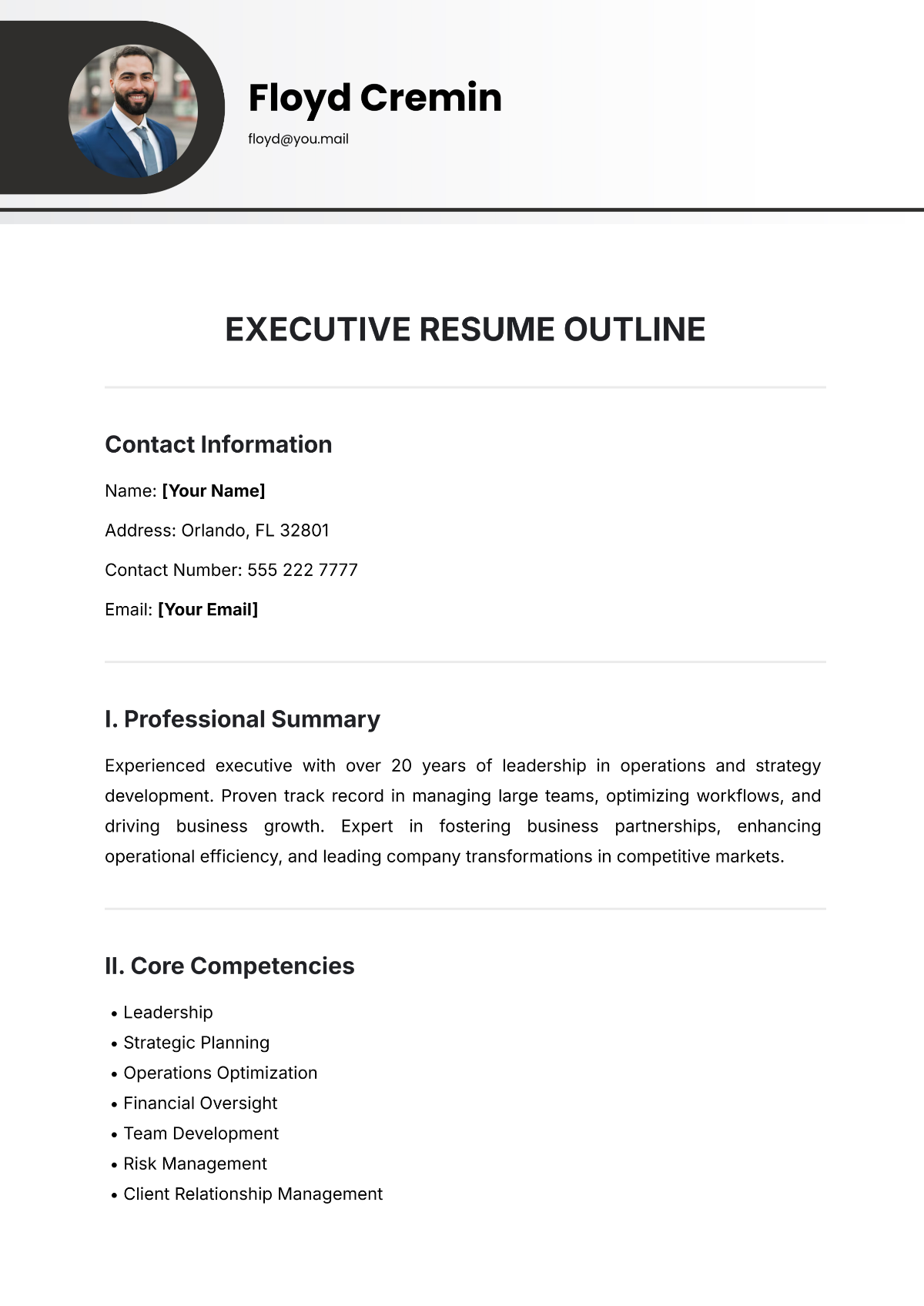 Executive Resume Outline Template - Edit Online & Download