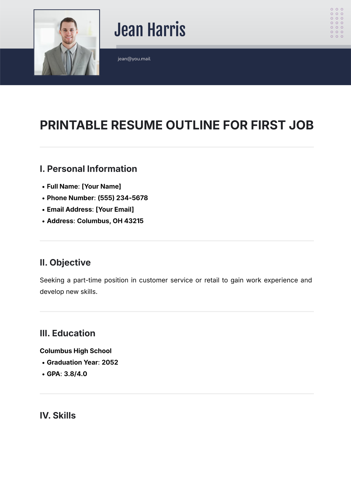 Printable Resume Outline for First Job Template - Edit Online & Download