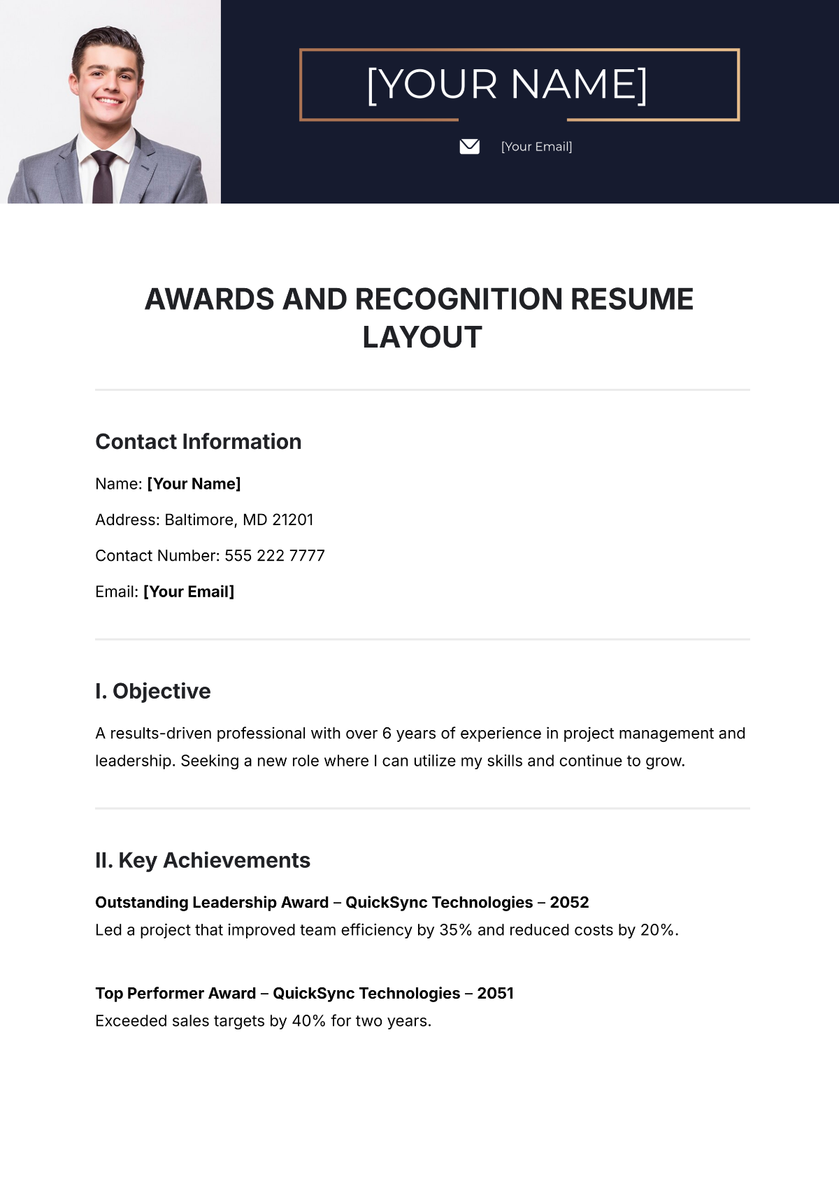 Awards and Recognition Resume Layout Template - Edit Online & Download