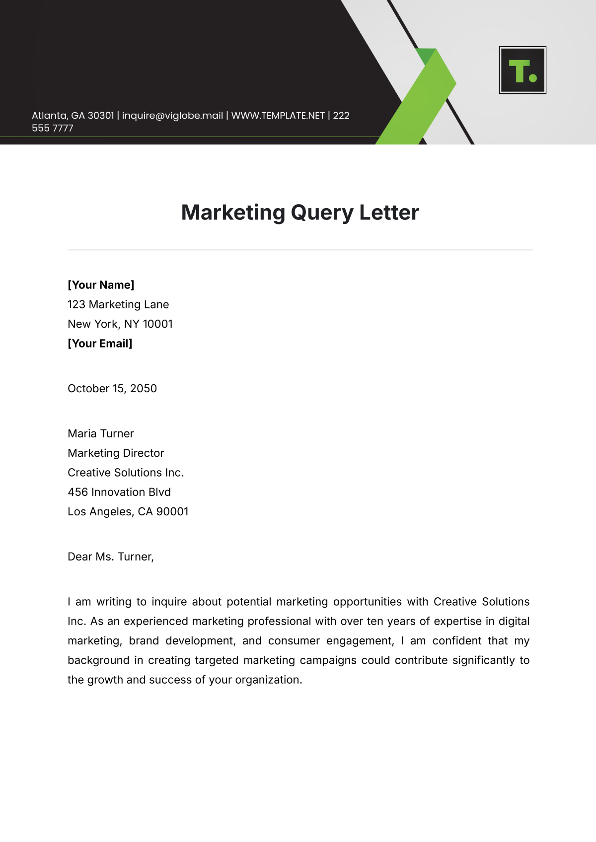 Marketing Query Letter Template