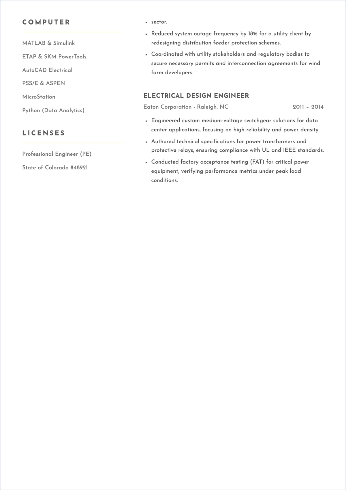 Free Experienced Electrical Engineer ATS Resume Template