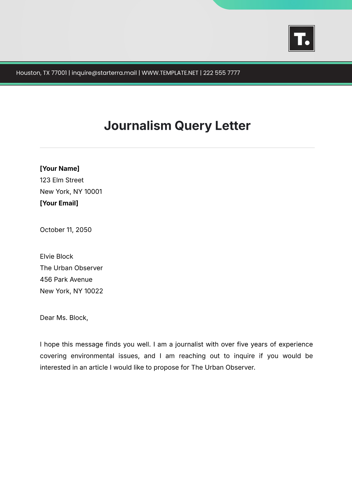 Journalism Query Letter Template