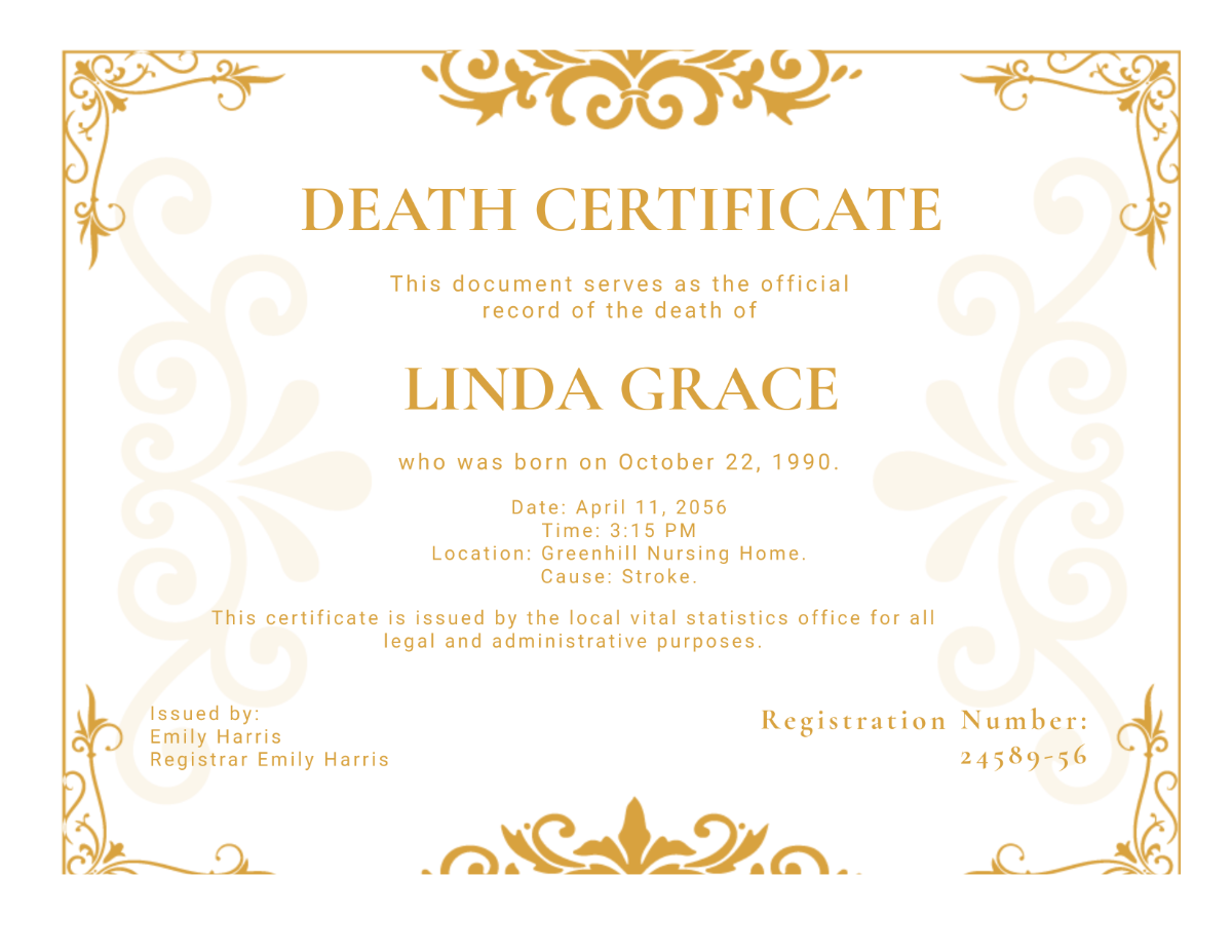 Official Death Certificate Template - Download | Template.net