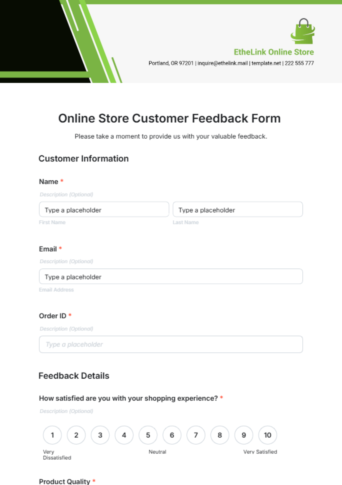 Online Store Customer Feedback Form Template - Edit Online & Download