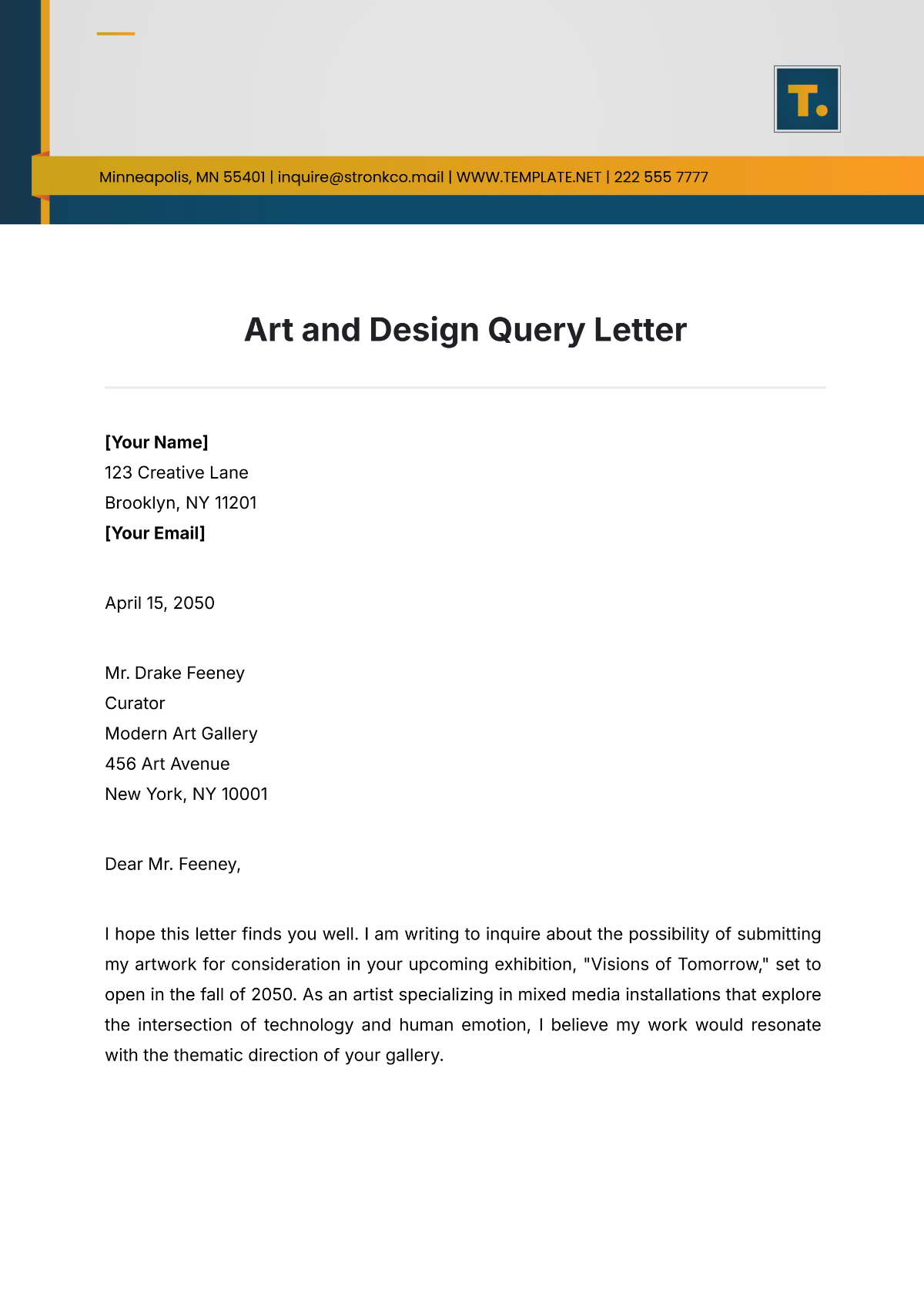 Art and Design Query Letter Template