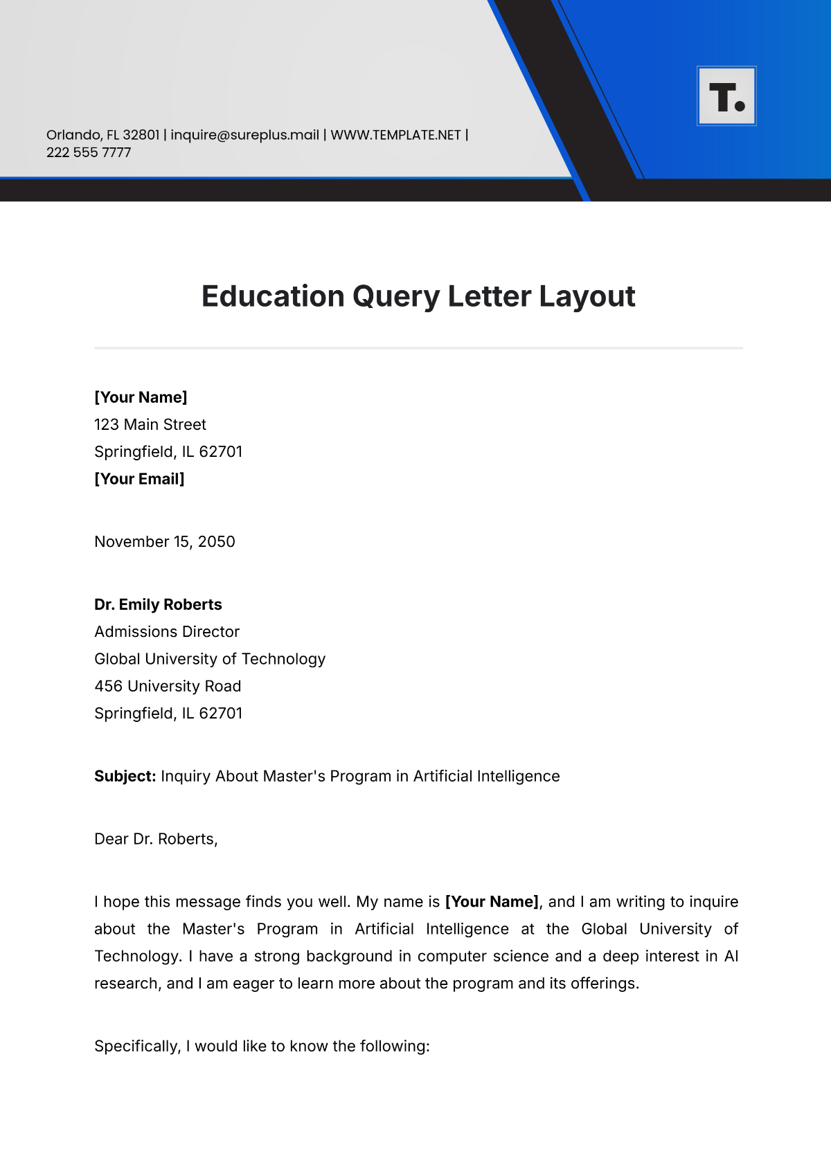 Education Query Letter Layout Template