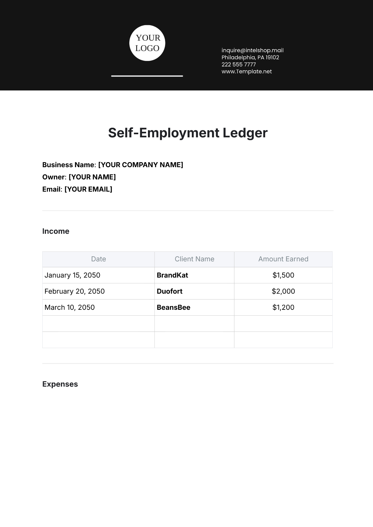 Self-Employment Ledger Template - Edit Online & Download