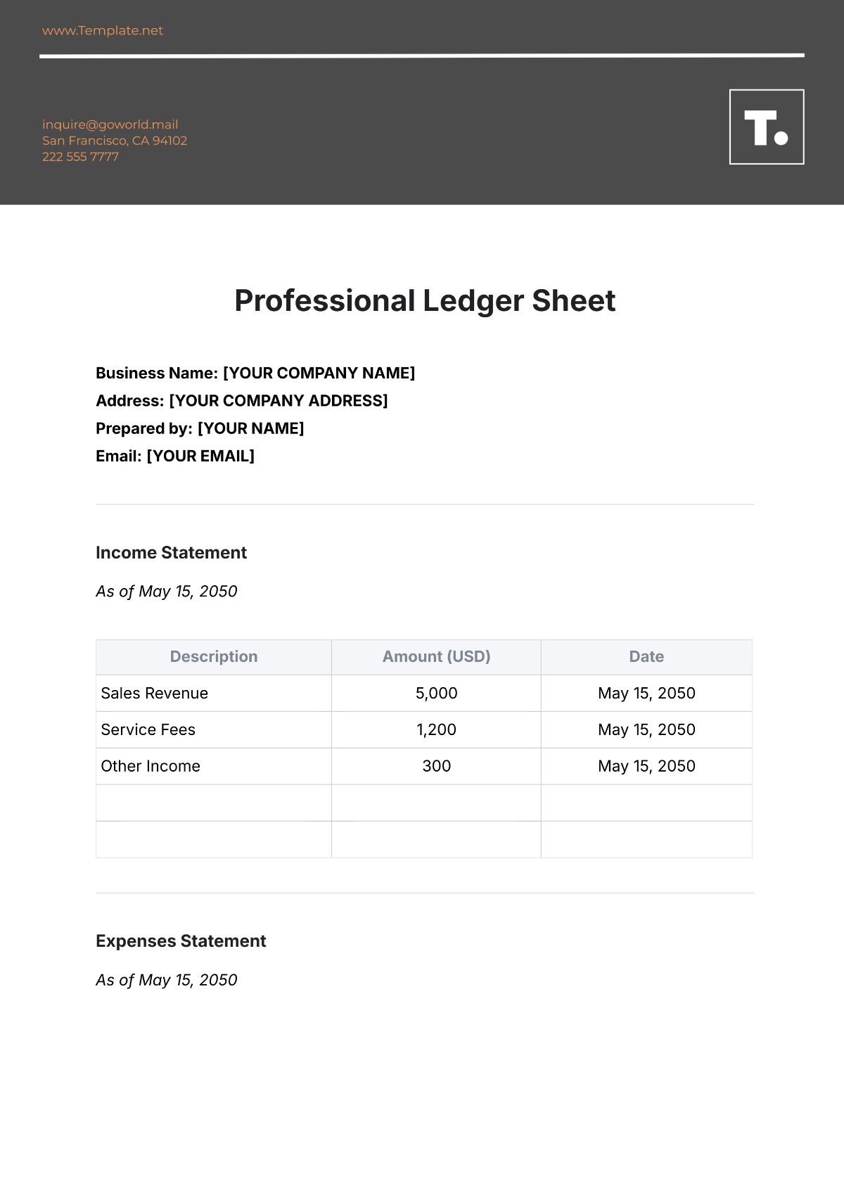 Professional Ledger Sheet Template - Edit Online & Download