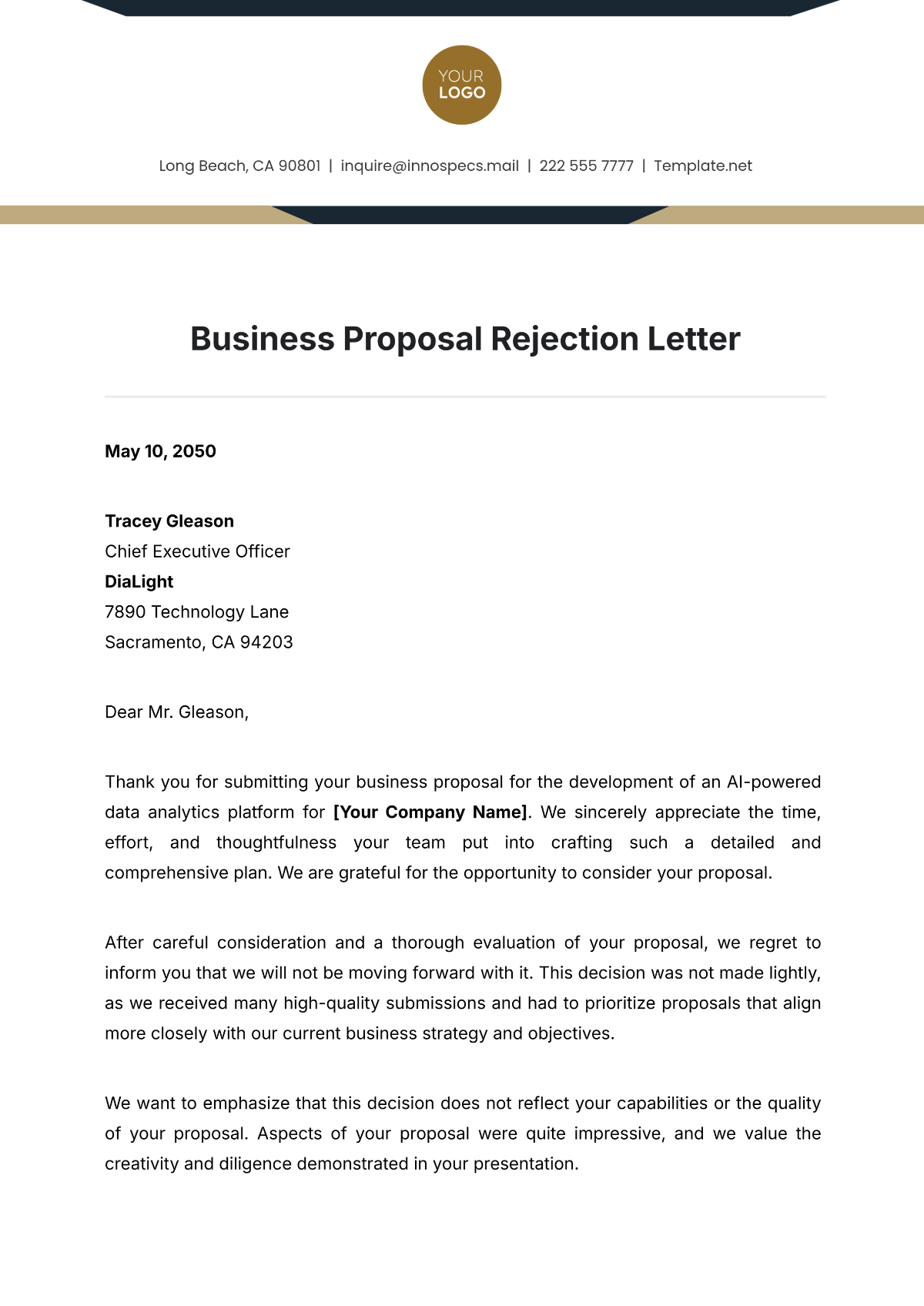 Business Proposal Rejection Letter Template - Edit Online & Download