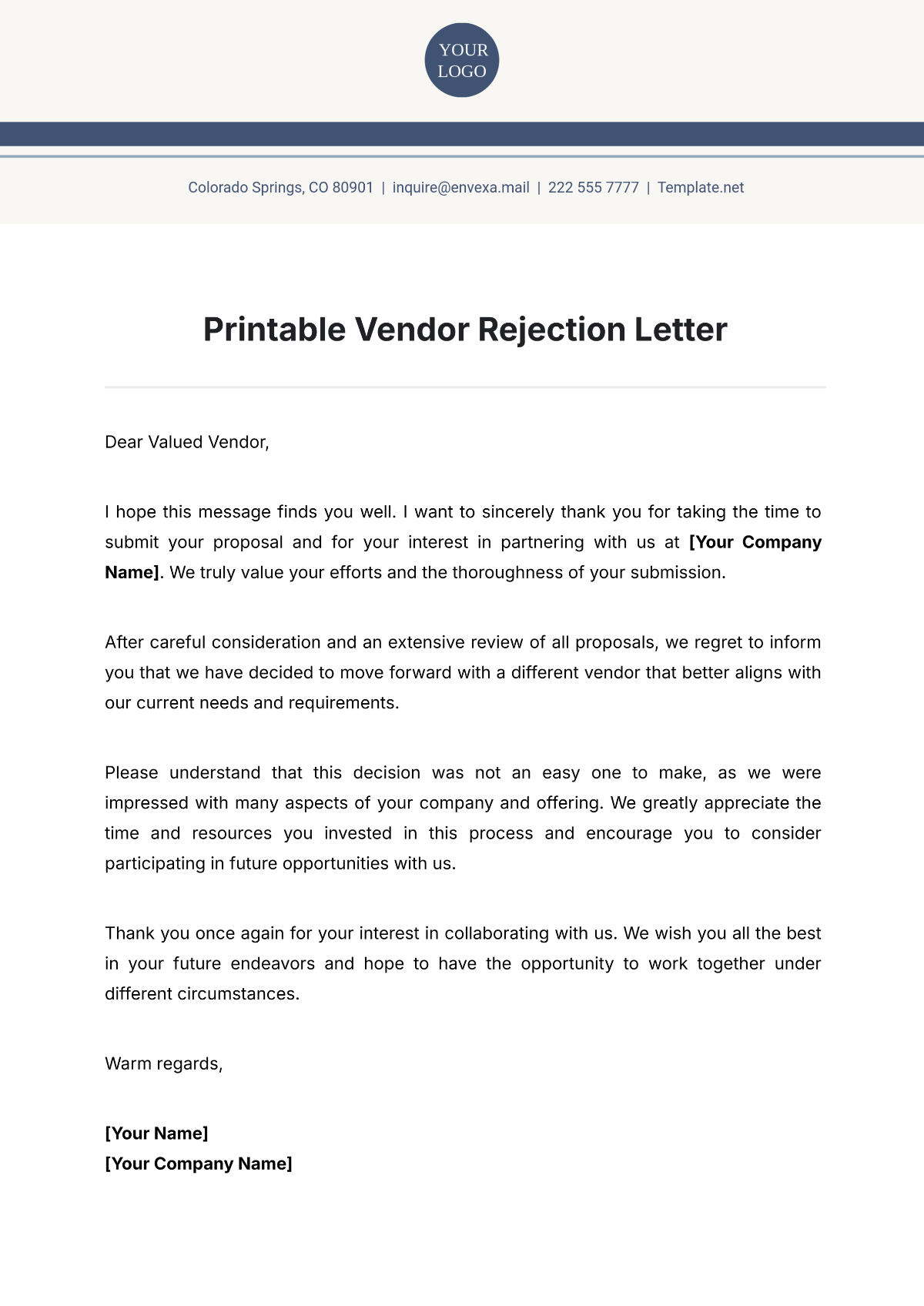 Printable Vendor Rejection Letter Template - Edit Online & Download