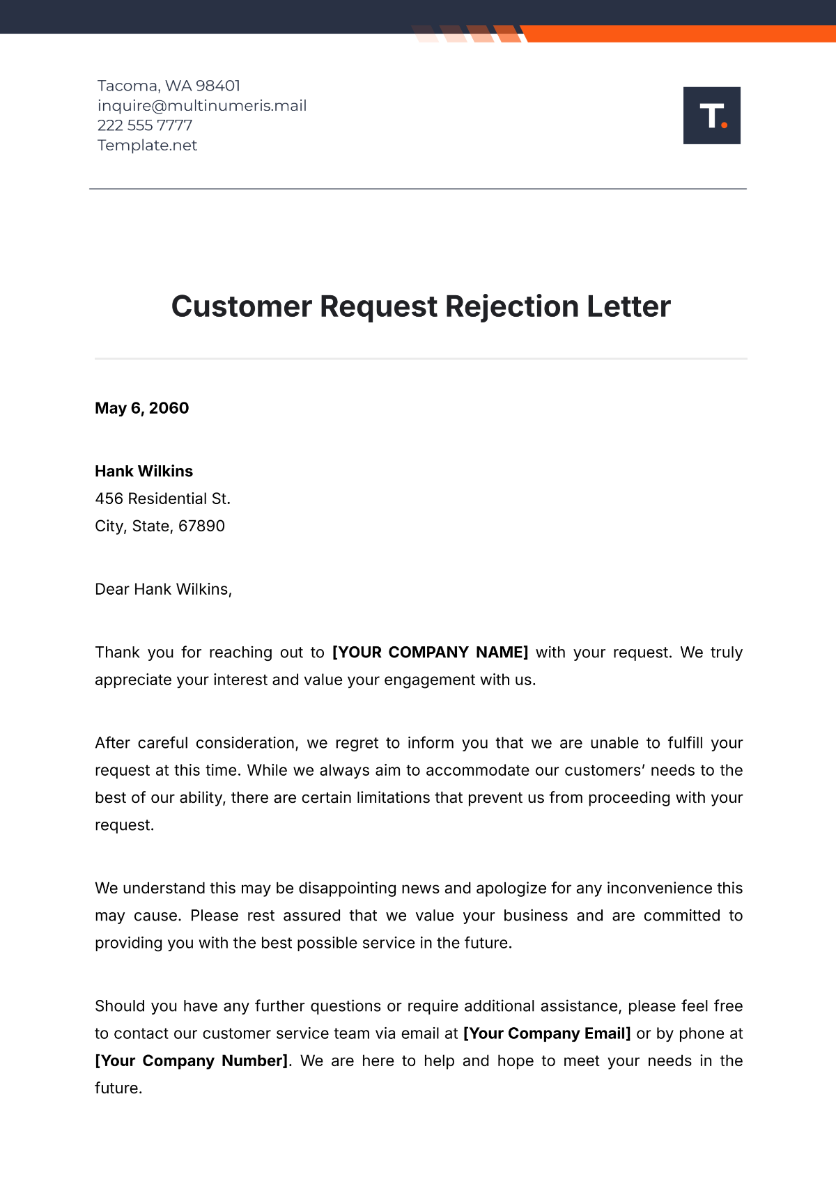 Customer Request Rejection Letter Template - Edit Online & Download