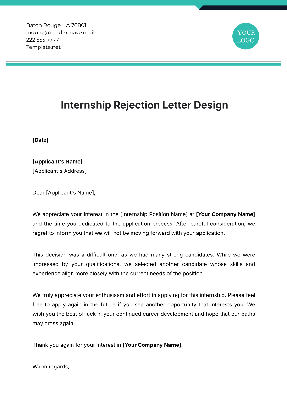 Internship Rejection Letter Design Template - Edit Online & Download