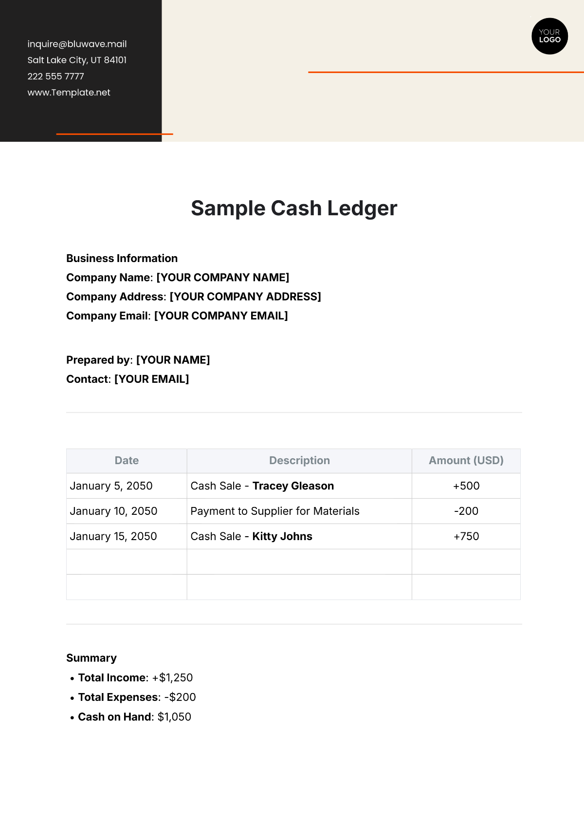 Sample Cash Ledger Template - Edit Online & Download