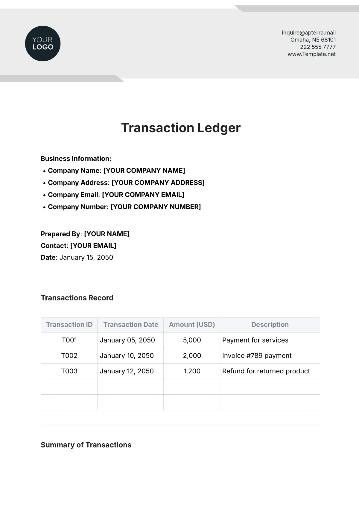 Free Transaction Ledger Template