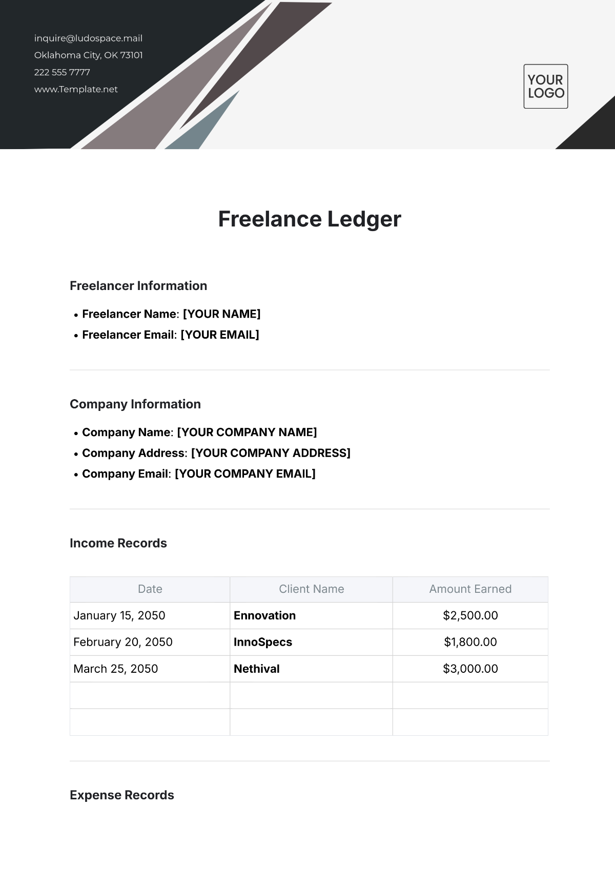 Freelance Ledger Template - Edit Online & Download