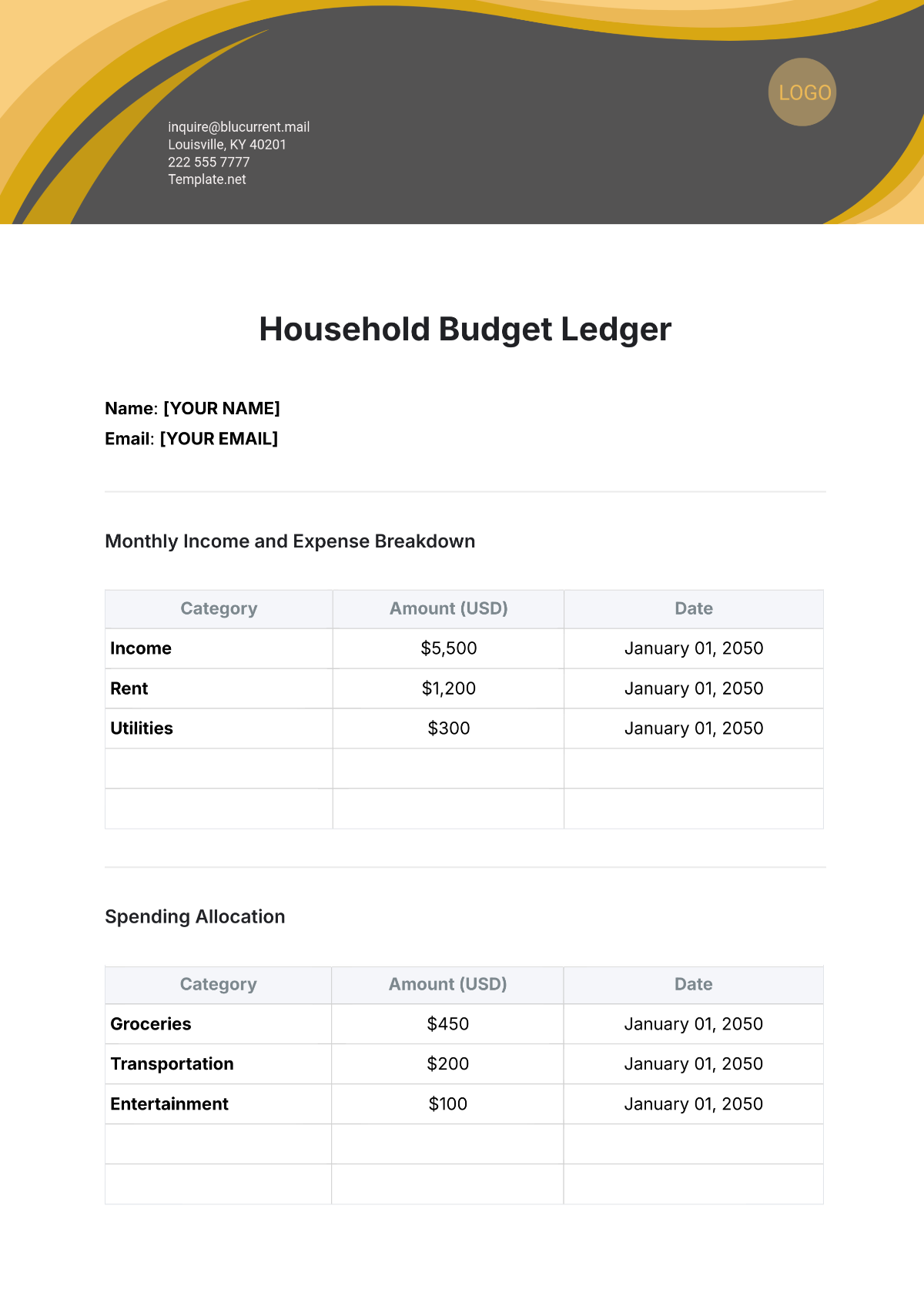 Household Budget Ledger Template - Edit Online & Download