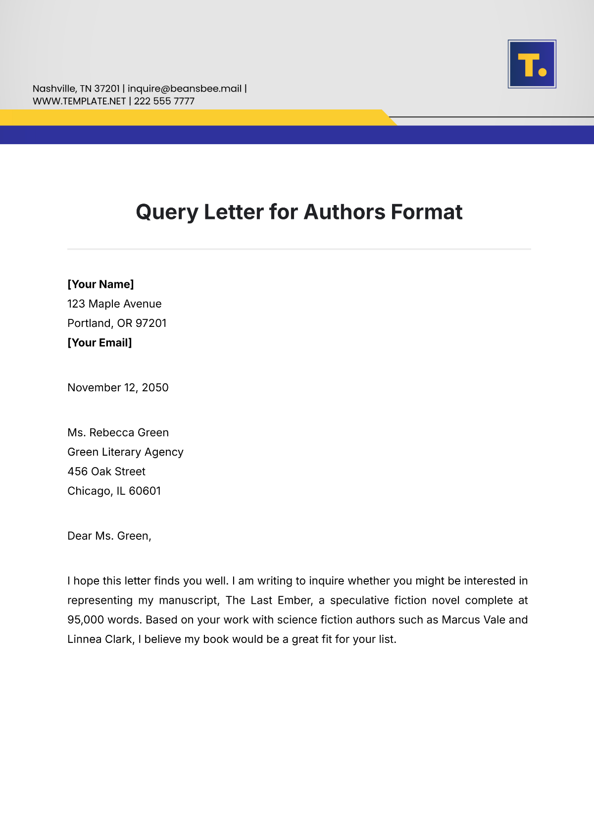 Query Letter for Authors Format Template