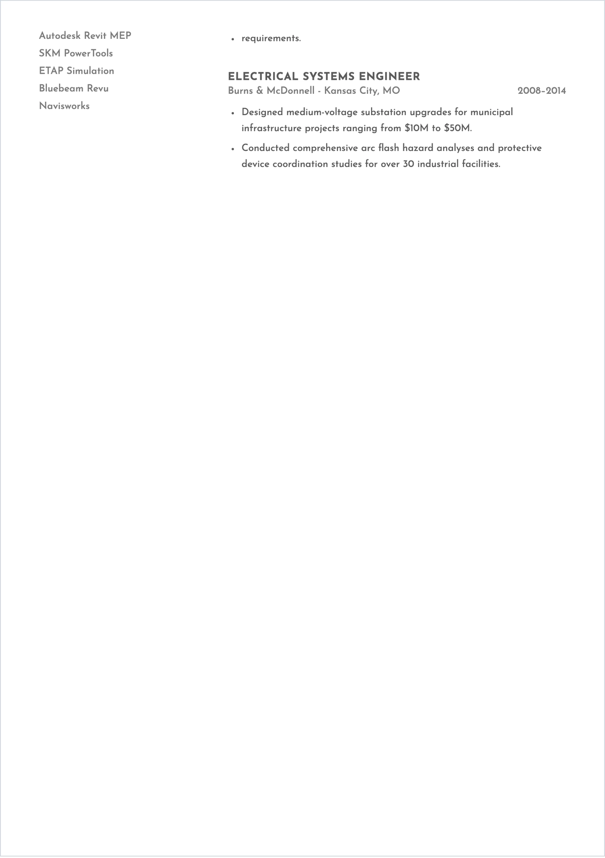 Free Construction Industry Electrical Engineer ATS Resume Template