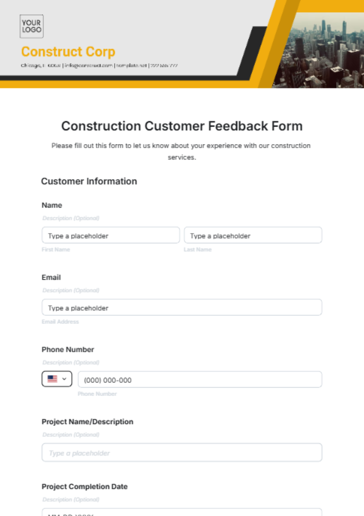 Construction Customer Feedback Form Template - Edit Online & Download