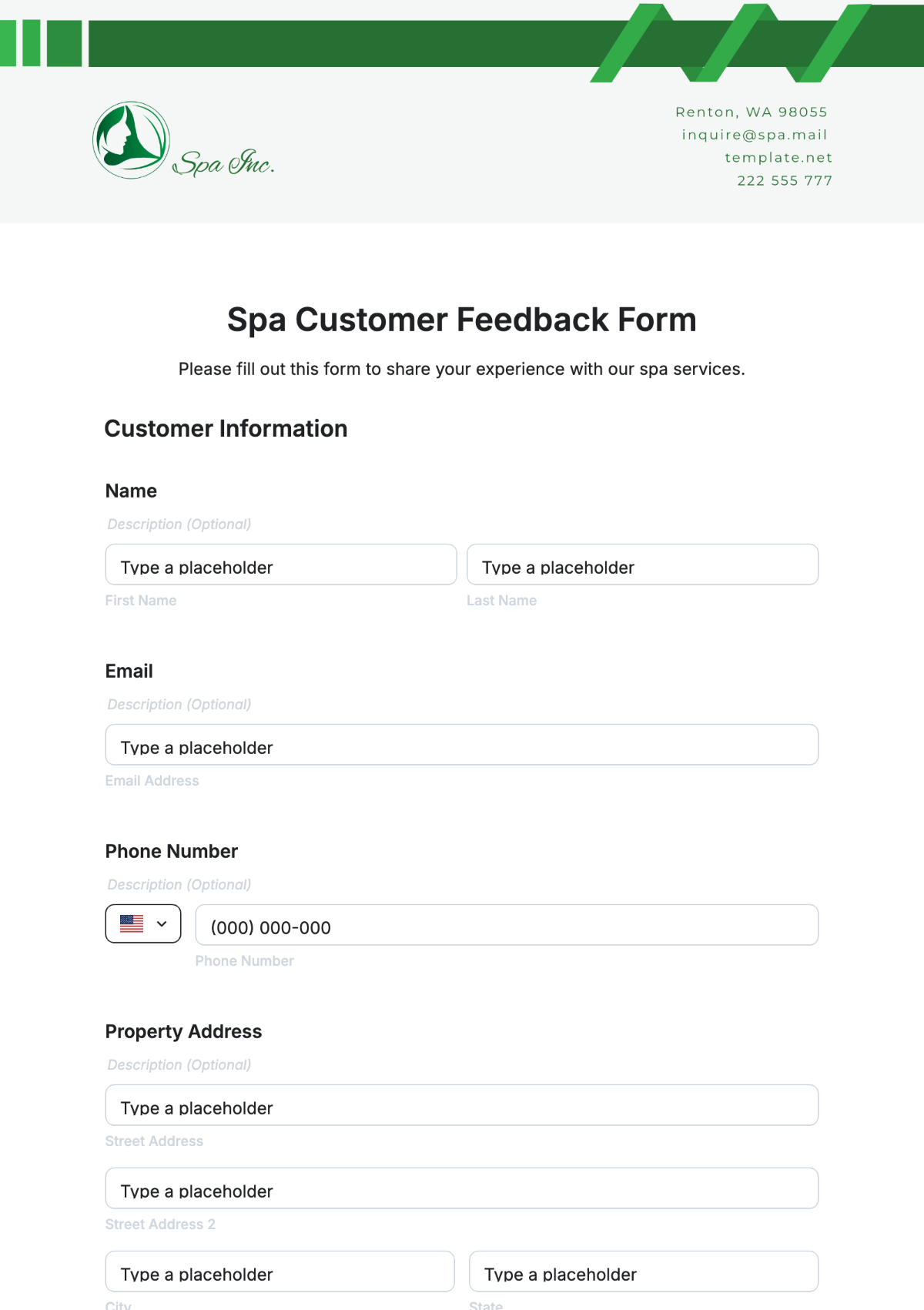 Spa Customer Feedback Form Template - Edit Online & Download