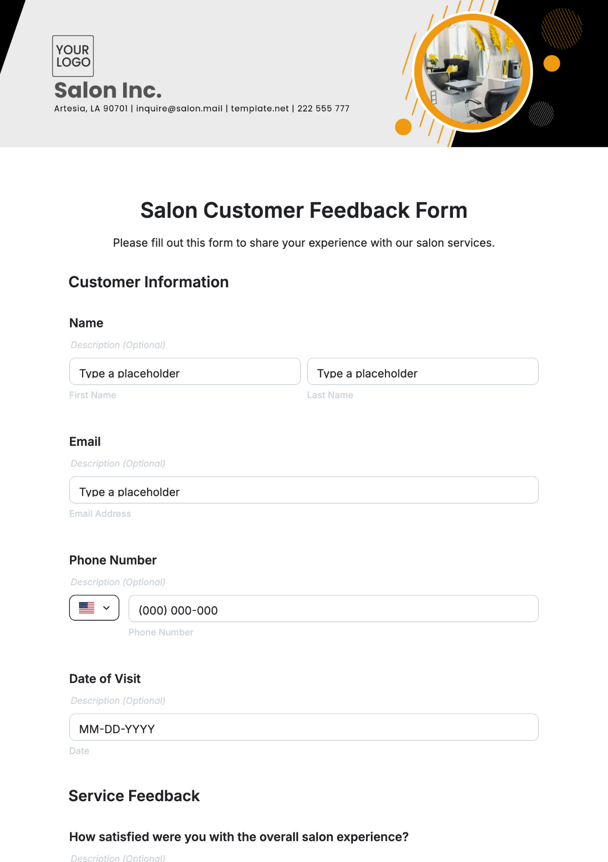 Salon Customer Feedback Form Template - Edit Online & Download